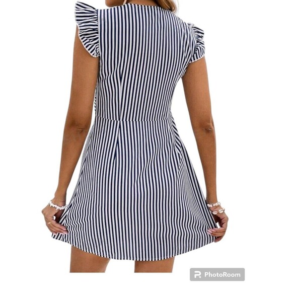 Women's Blue & White Frenchy Striped Print Button Front Butterfly Sleeve Short - Picture 2 of 5